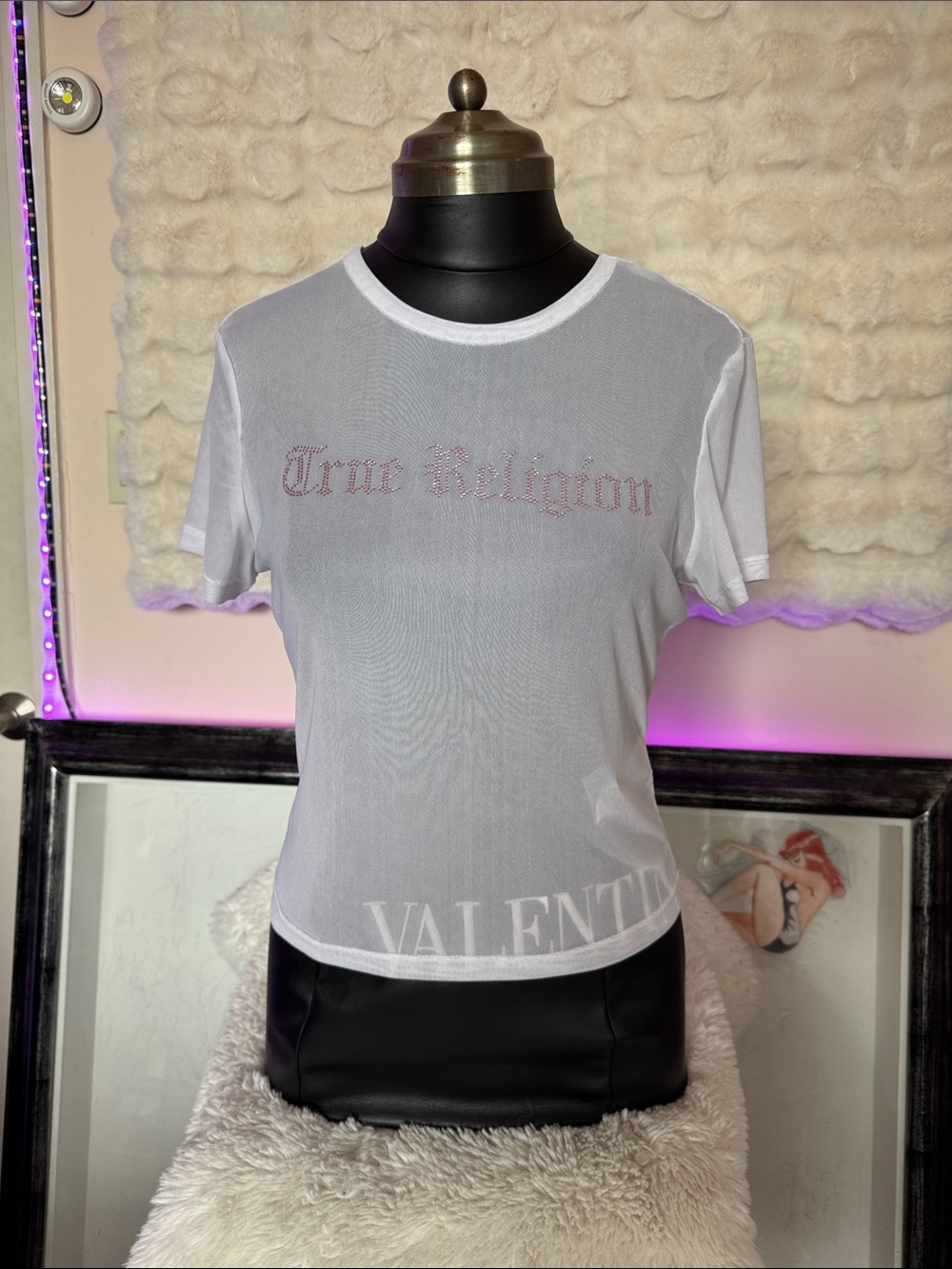 True Religion White Sheer Logo Tee with Subtle Pink Script in rhinestone